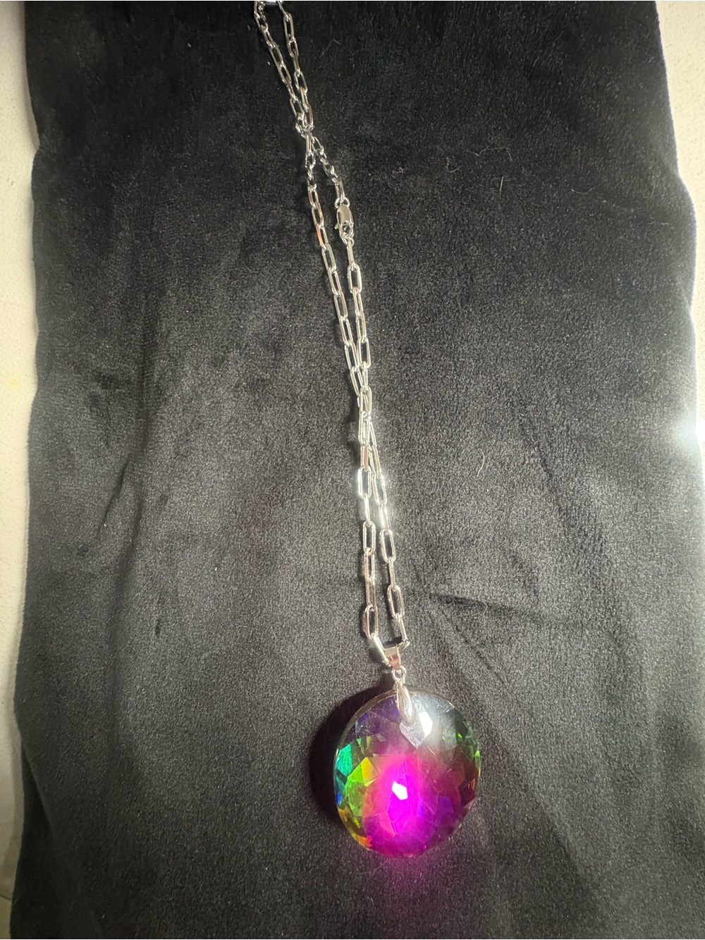 Silver Chain Necklace with Iridescent Multi-Color Crystal Pendant